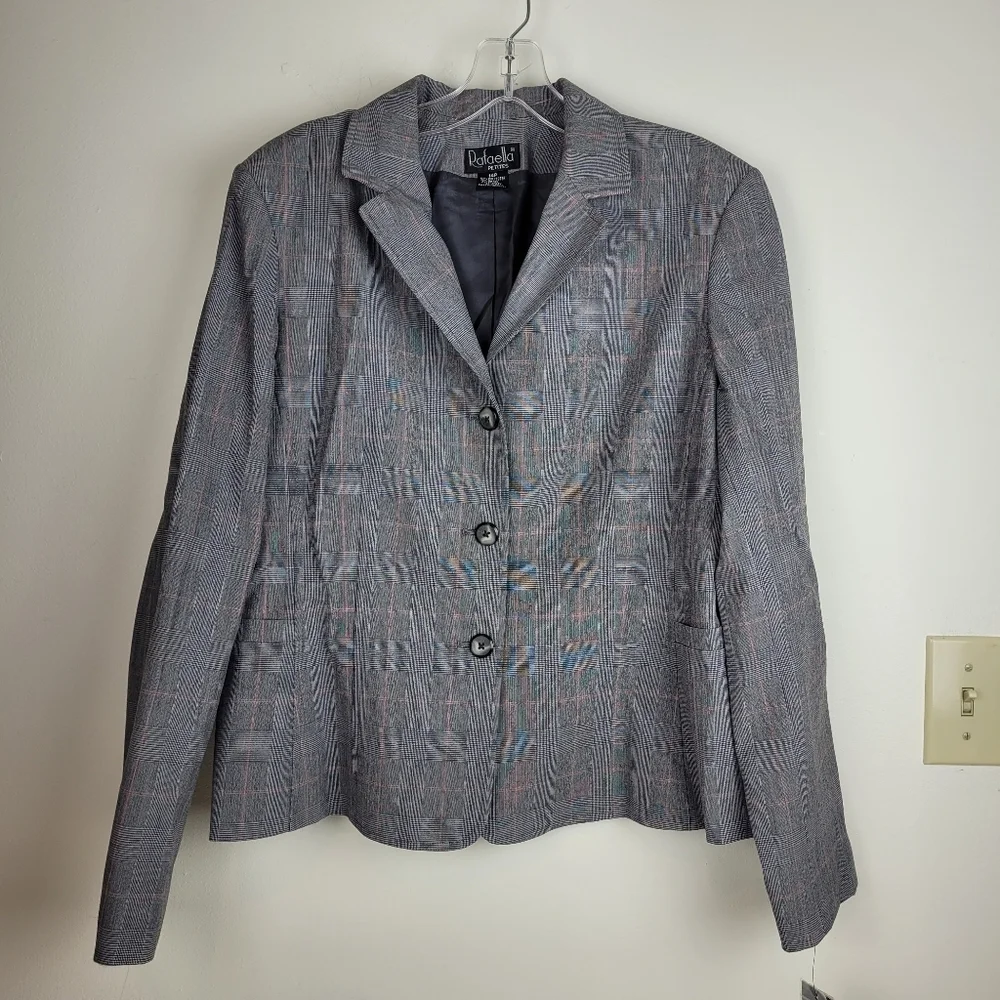 Rafaella Petite Women's Gray Pink Plaid Fitted Lined Blazer Office Work NWT 14